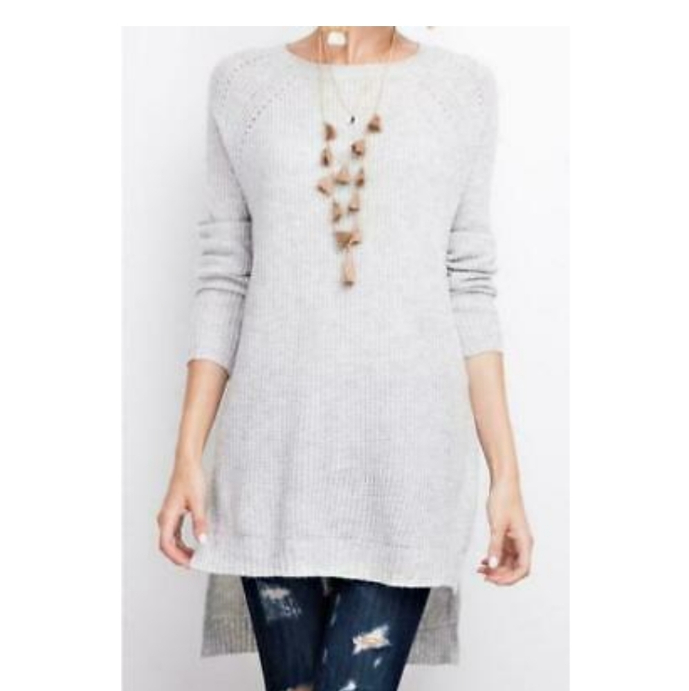 Grey Knit Round Neck Hi Low Split Hem Sweater